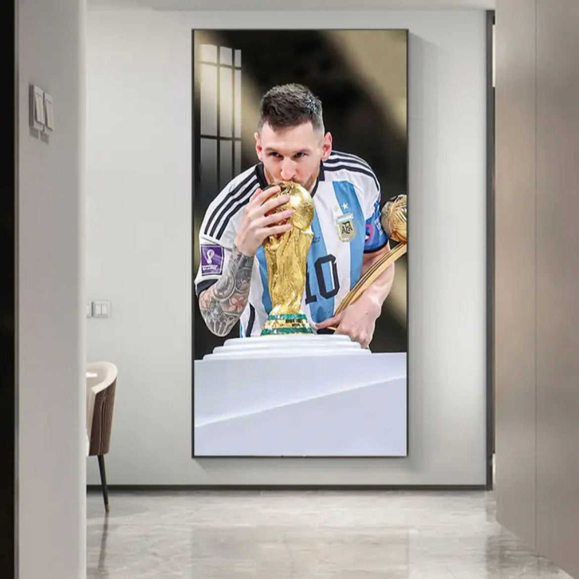 Lionel Messi Argentina 2022 World Cup Champions Poster Wall Art – Trophy Celebration Football Decor
