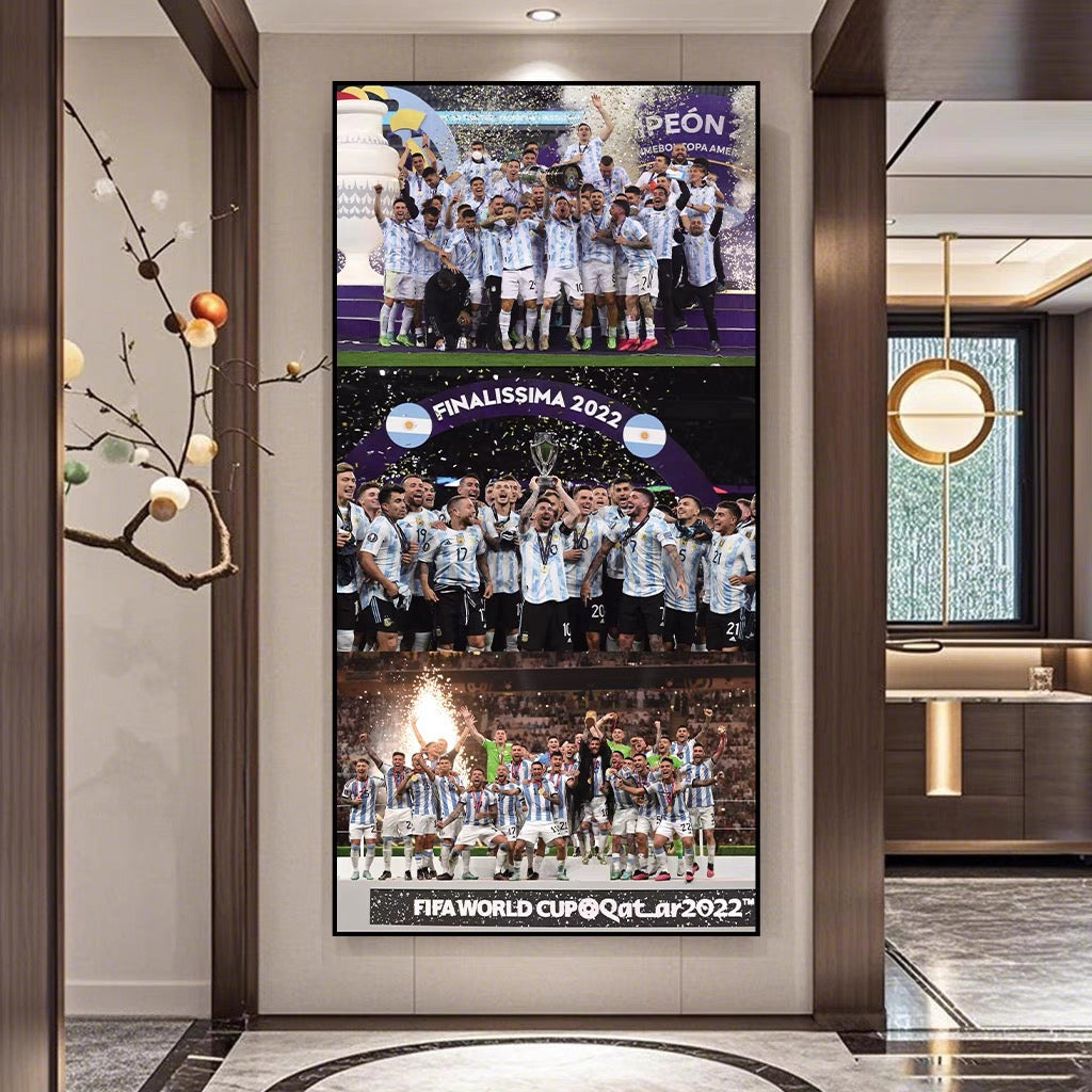 Lionel Messi Argentina 2022 World Cup Champions Poster Wall Art – Trophy Celebration Football Decor