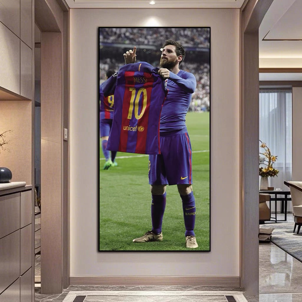 Lionel Messi Jersey Celebration Poster Wall Art – Iconic Football Legend Decor for Living Room & Hallway